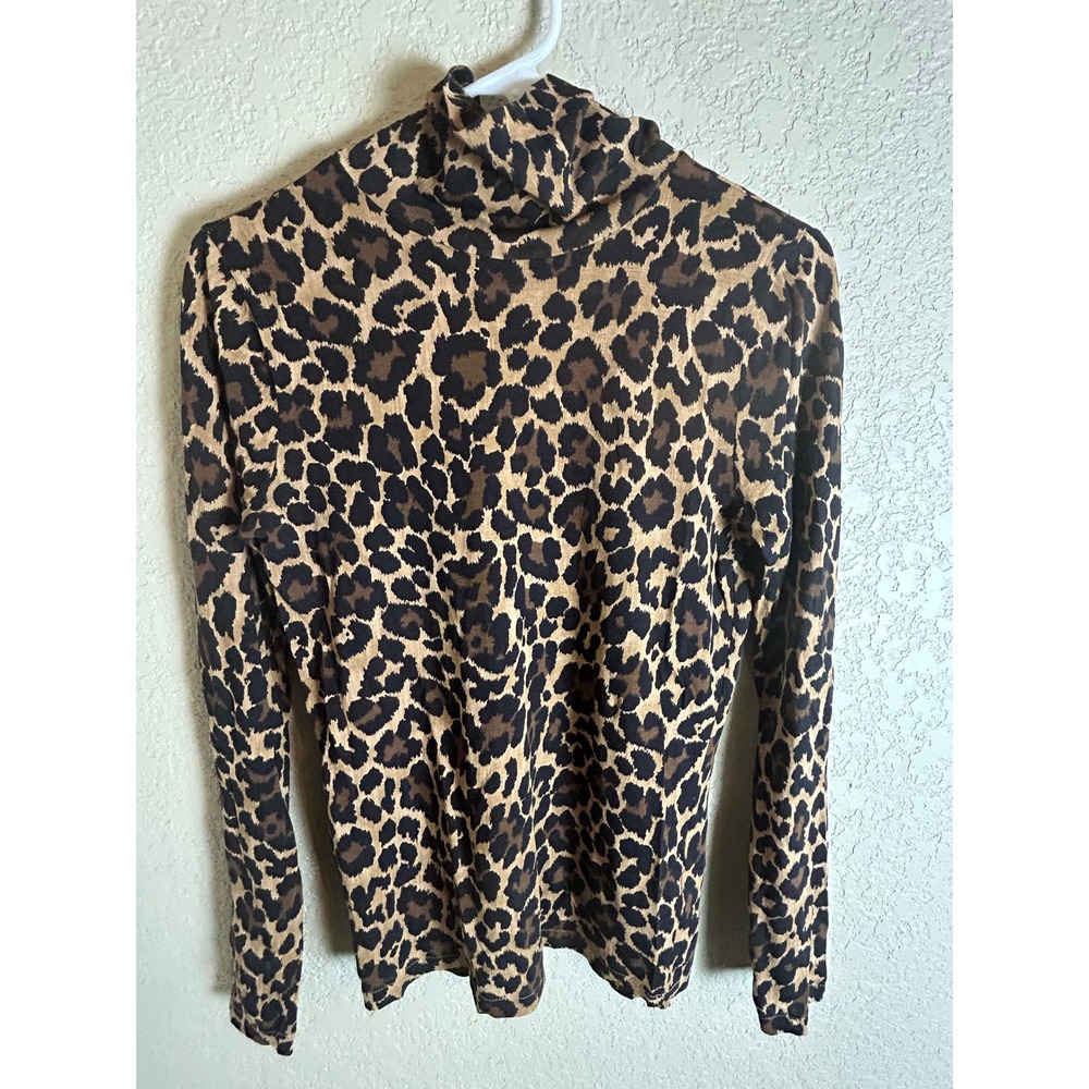 J.Crew Turtleneck Top Womens Small Brown Leopard Print Long Sleeve Cotton AU344